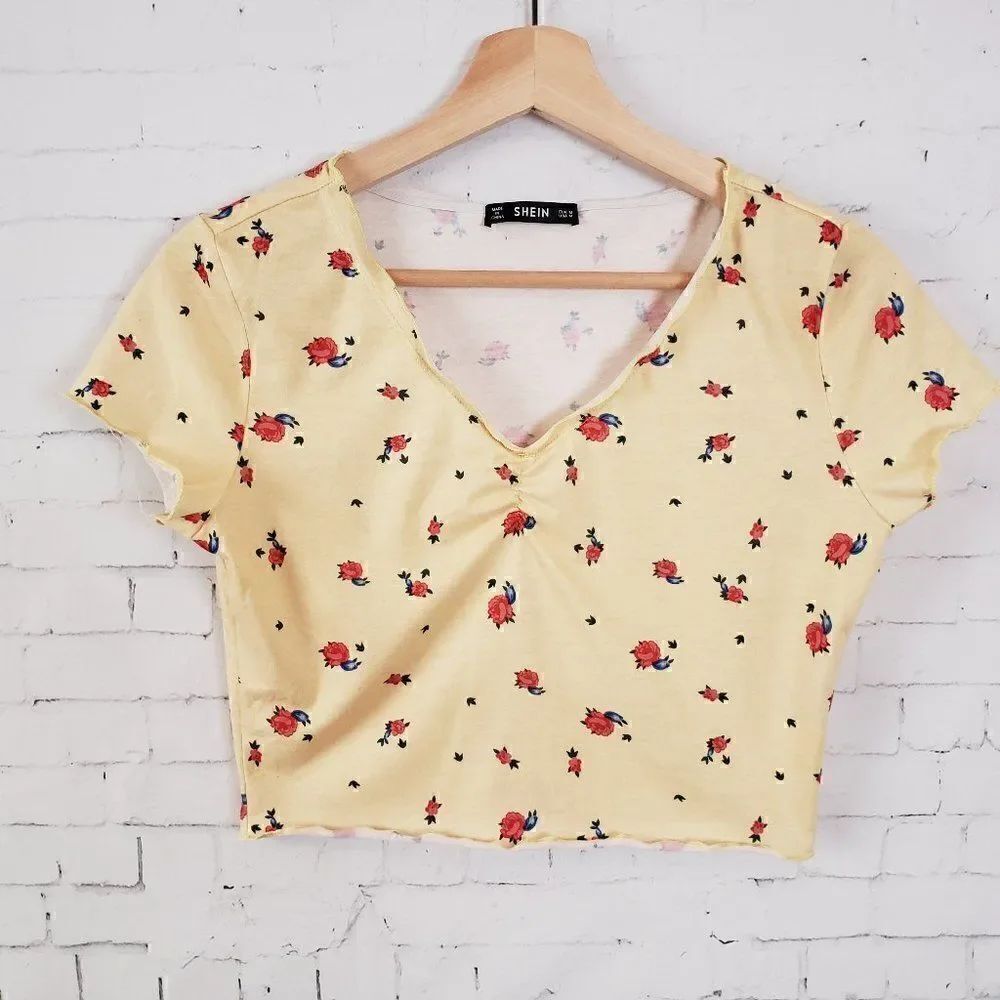 Shein Floral Crop Top Yellow Red Rose Print Y2K